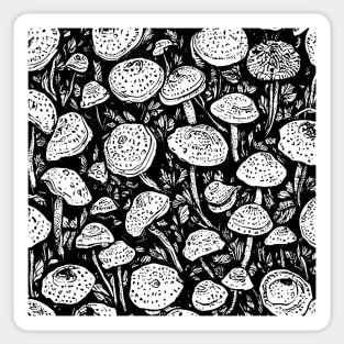 Black and White Mushroom Lino Print Sticker